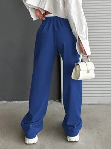EURMUSE Double-Deck Waist Drawstring With Pockets Casual Straight-Leg Pants - Blue - View 2