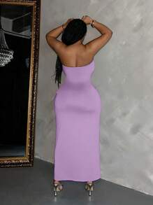 Slaydiva Đầm Maxi Ống Ôm Sát Màu Trơn Thanh Lịch Thường Ngày Cỡ Lớn Cho Nữ - Màu tím - Xem 2