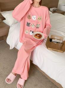 DAZY 可爱卡通印花连帽衫套装，可爱睡衣套装 - 粉色 - 查看 4