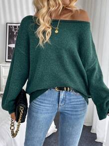 SHEIN LUNE Damen Einfarbiger Rundhals Dropped Shoulder Langarm Locker Lässig Pullover, Herbst/Winter, Strick Pullover Herbst - Dunkelgrün - Übersicht 7
