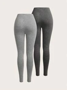 SHEIN EZwear Two-Piece Set Women High-Waisted Seamless Solid Color Simple Casual Fitted Knit Pants - Multicolor - View 2