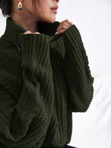 RueChic Cable Knit Turtleneck Drop Shoulder Jumper - Army Green - View 5