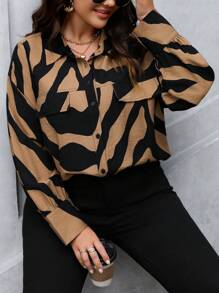 SHEIN Clasi 大码女式春夏斑马纹落肩长袖宽松休闲衬衫女式衬衫 - 棕色 - 查看 6