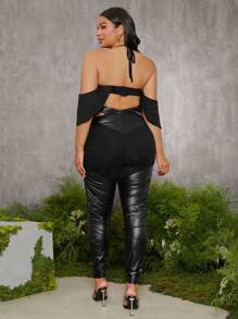 evoluSHEIN X Anitta VICTOR VON SCHWARZ Designer Plus Chiffon Drape Sleeve Bra Top, Holiday, Going Out, Festival - Black - View 4