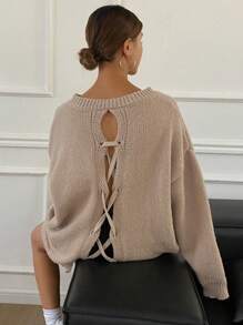 DAZY Women's Solid Color Loose Fit Long Sleeve V-Neck Tied Back Slit Sweater , Apricot Sweater,Fall Women Clothes - Khaki - View 3