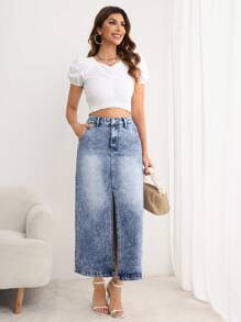 SHEIN LUNE 女式简约前扣口袋开衩休闲牛仔半身裙 - 藍色 - 查看 5