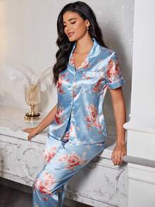 Conjunto de Pijama Floral Elegante de Cetim com 2 Peças para Mulheres - Multicolorido - Visão 5
