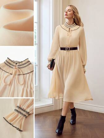 MOTF TIE NECK CONTRAST STITCH SHIRRED PANEL FLOUNCE SLEEVE DRESS WITHOUT BELT