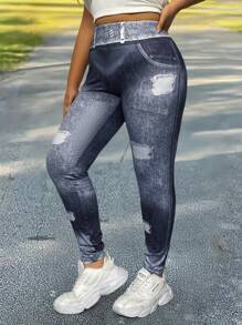 SHEIN LUNE Plus Size Dam Denim Effekt Tryckt Elastiska Skinny Leggings - Multifärgad - Visa 7