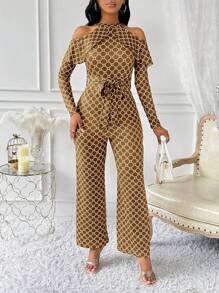 Lyxana Mono elegante de manga larga con volantes, cinturón y estampado vintage de toda la prenda para mujer