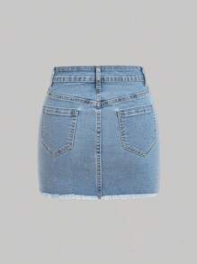 SHEIN MOD Women Front Button Multiple Pockets Frayed Hem Denim Mini Skirt - Light Wash - View 2