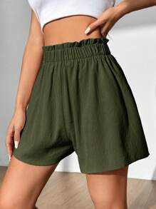 Flirla Women Loose Solid Color Ruffled Waist Casual Shorts