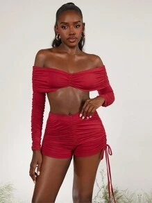 evoluSHEIN X Anitta RAUL OROZCO Designer Draped Off Shoulder Long Sleeve Top, Holiday, Thanksgiving, Spring, Going Out, Festival - Burgundy - View 2