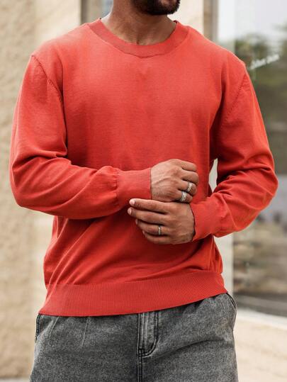 Manfinity Homme Men's Plus Size Solid Color Crew Neck Long Sleeve Minimalist Sweater, Casual Daily Wear