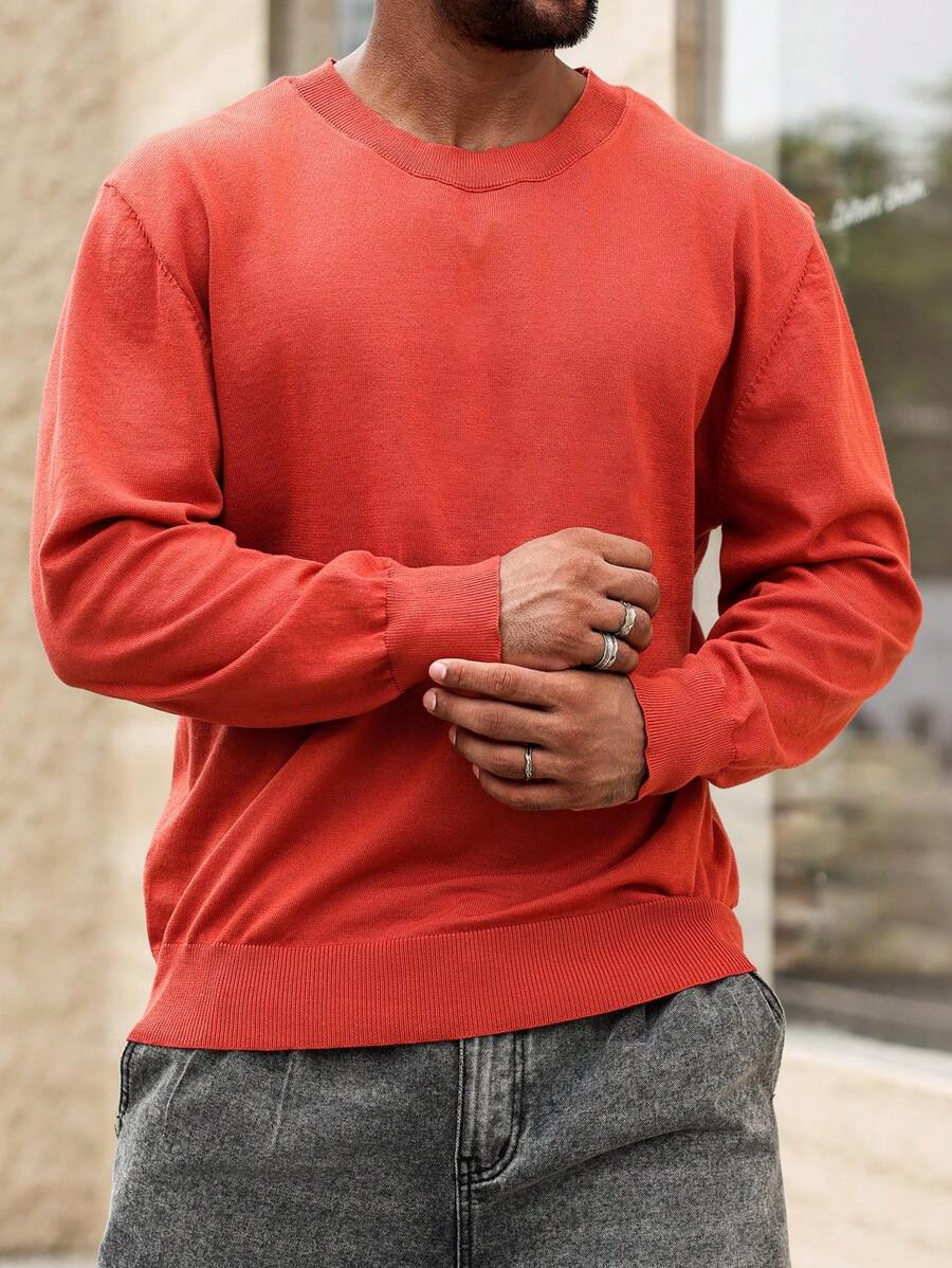 Manfinity Homme 男士加大码纯色圆领长袖简约毛衣,休闲日常穿着 - 鏽棕色 - 查看 1