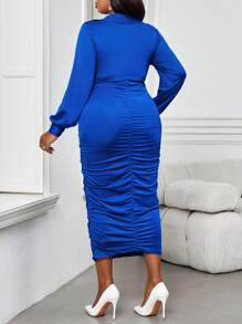 SHEIN Lady Váy xanh thanh lịch cỡ lớn cho nữ mùa thu đông thanh lịch Váy lấp lánh Váy dài mùa thu Váy dạ hội hóa trang Váy dài tay cổ chữ V màu xanh hoàng gia cho nữ Váy dự tiệc Trang phục lễ hội Váy phù dâu Váy phù dâu - Màu xanh hải quân - Xem 2
