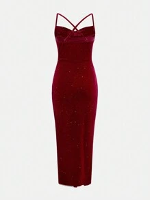 SHEIN Girlism Tween Girl Elegant Burgundy Velvet Ruffle Draped Neck Bodycon Dress With Slit, Suitable For Christmas Party & Holiday Dress - Burgundy - View 2