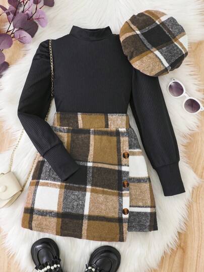 Sparklyn 2st Tween Girls Solid Stand Collar Puff Sleeve Top and Pläd Kjol Set, Spring Autumn