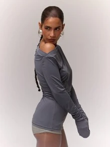 MUSERA Slinky Asymmetrical Shoulder Ruched Long Sleeve Top Vacation Spring Elegant Sexy ,Elegant Springl Boho Holiday - Dark Grey - View 3
