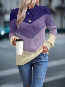 EMERY ROSE 女士圆领长袖撞色休闲日常柔软优雅套头毛衣，针织套头衫，秋冬款 - 彩色 - 查看 4