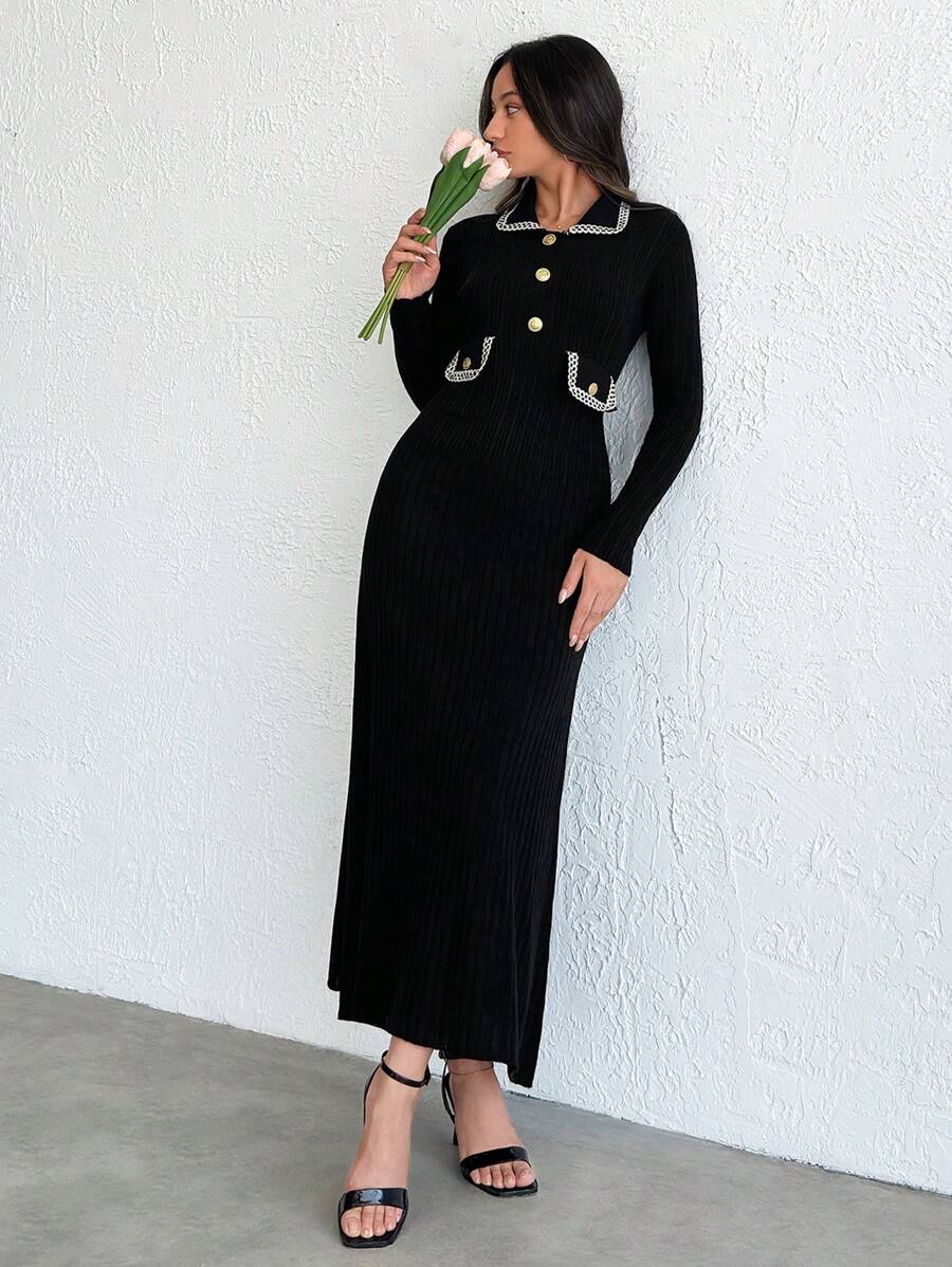 SHEIN Tall 女款拼色高領長袖金屬鈕扣裝飾修身優雅針織毛衣洋裝,秋冬款,適合高個女性 - 黑與白 - 查看 1