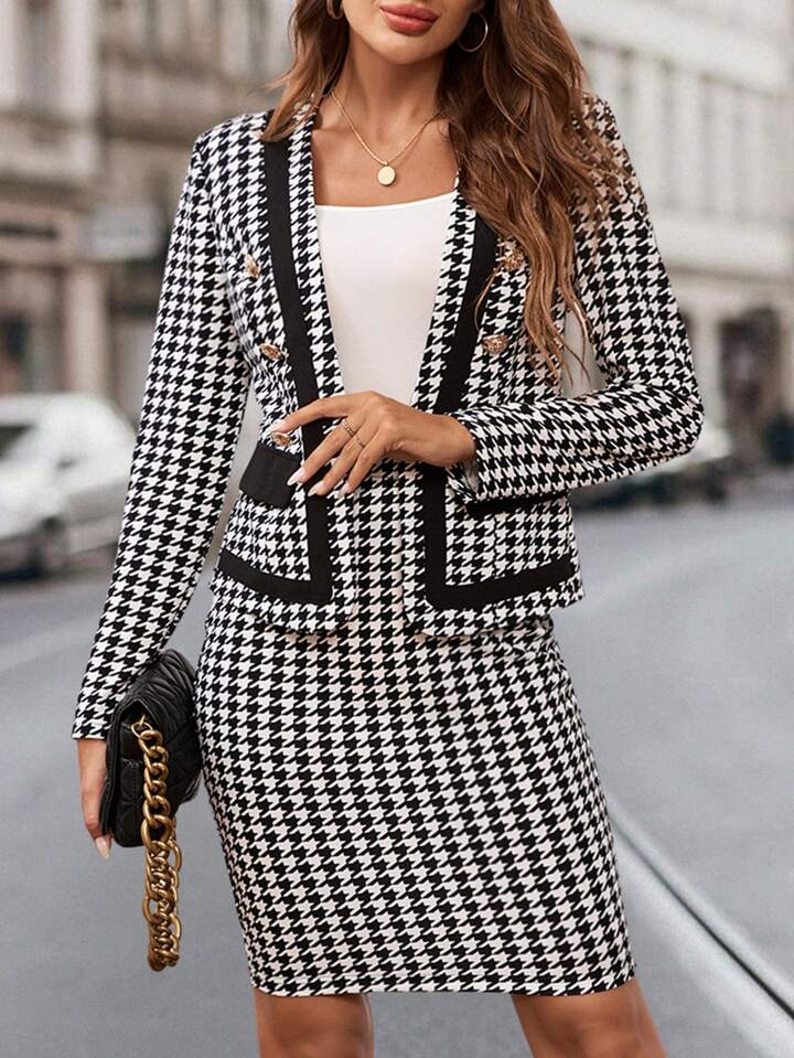 Ellevyn Women's Houndstooth Color Block Suit Jacket And