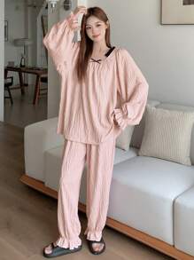DAZY Women's Loose Pleated Contrast Color Ruffle Long Sleeve Blouse And Pants Pajama Set - Pink - View 8