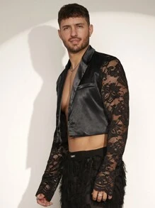 FeverCity Chaqueta blazer corta de satén brillante con parches y encaje contrastante para hombres, primavera