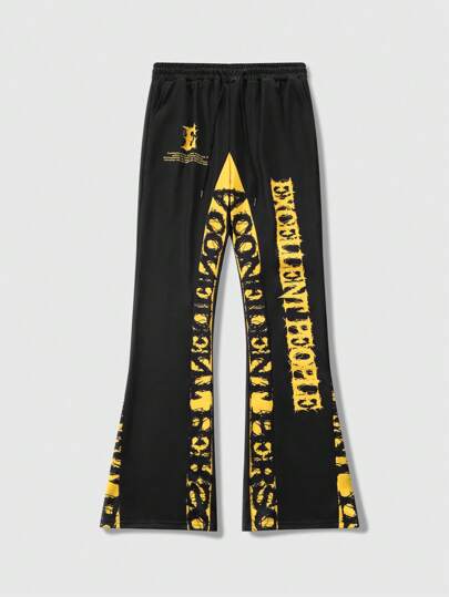 ROMWE Avant Pantalones de chándal acampanados para hombre con impresión de letra en color contrastante