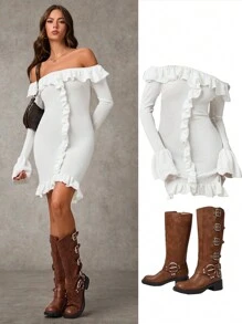 SHEIN BAE Đầm len ôm sát vai Ruffle Hem màu trơn thanh lịch dành cho nữ, mùa xuân/thu - trắng - Xem 7