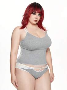 ROMWE Kawaii Set de lencería con sujetador inalámbrico con combinación de punto acanalado y encaje, tallas grandes cómodas - Gris - Ver 4