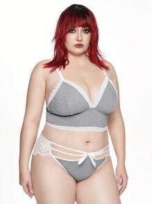 ROMWE Kawaii Plus Size Women Wireless Lace Bow Decor Lingerie Set - Grey - View 6