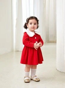 SHEIN Baby Girl Warm & Elegant Red Ruffled Collar Long Sleeve Knee-Length Dress For Christmas Party And Casual Outings, Autumn Winter - Red - View 1