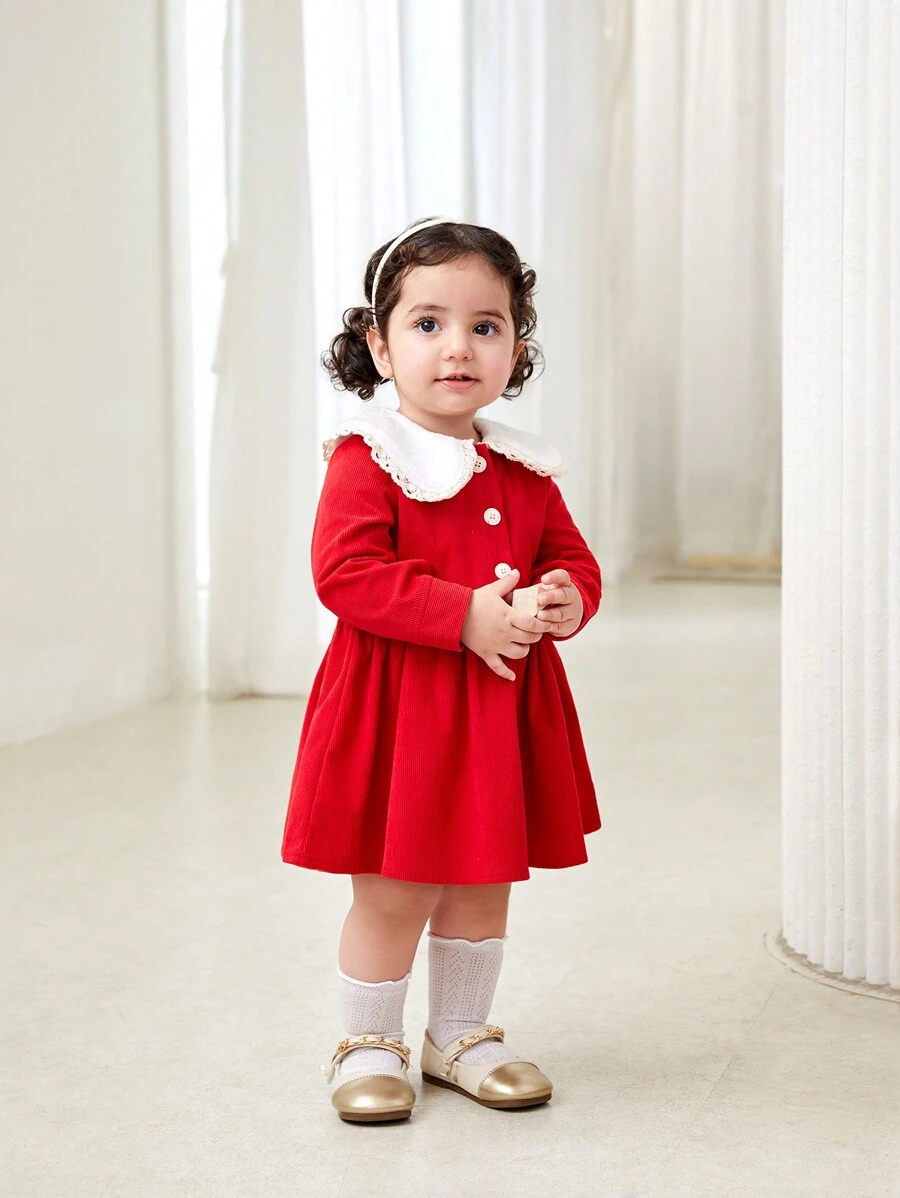 SHEIN Baby Girl Warm & Elegant Red Ruffled Collar Long Sleeve Knee-Length Dress For Christmas Party And Casual Outings, Autumn Winter - Red - View 1