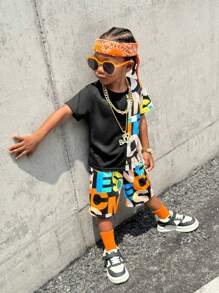 SHEIN 2pcs/Set Casual Sports "Young Boy" Letter Print T-Shirt And Shorts