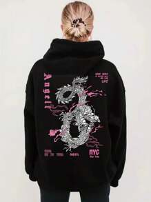 INAWLY 女士字母与龙印花连帽运动衫、长袖上衣