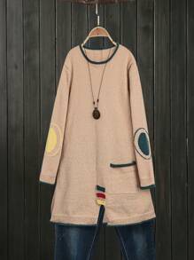 SHEIN LUNE Lose geschnittener, Farbblock Jacquard-Strick-Pullover mit Tasche für Damen