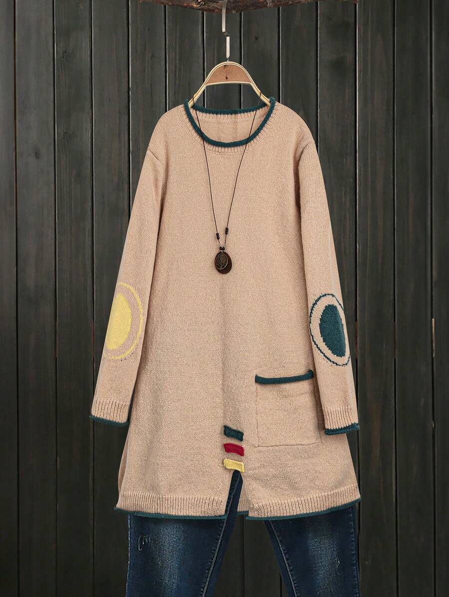 SHEIN LUNE Lose geschnittener, Farbblock Jacquard-Strick-Pullover mit Tasche für Damen