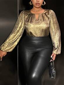 Slaydiva 大码纯色圆领长袖镂空简约休闲上衣 - 金色 - 查看 1