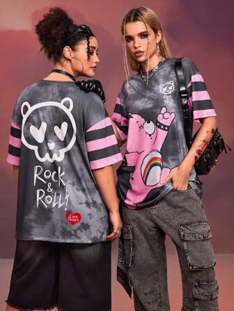 SHEIN X Care Bears Designer 1pc Women's Casual Cartoon Bear & Tie Dye Print Drop Shoulder Oversized Short Sleeve T-Shirt, Summer, Holiday, Thanksgiving, Festival