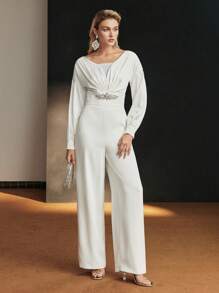 MOTF PREMIUM DROP SHOULDER OVERSIZE RHINESTONE WAIST JUMPSUIT - White - View 6