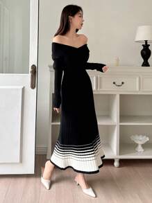 DAZY Váy len ôm dáng dài tay ombre cho nữ, hở vai mùa thu/đông - màu đen - Xem 8