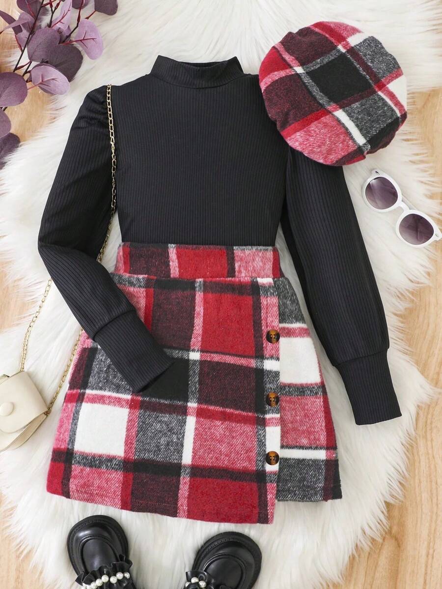 SHEIN Conjunto de 2 piezas para niñas preadolescentes de primavera y otoño con blusa de manga abullonada de cuello alto de unicolor y falda a cuadros - Multicolor - Ver 1