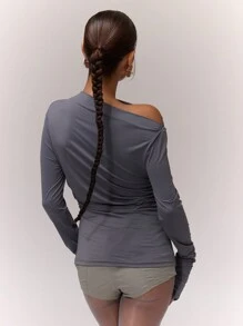 MUSERA Slinky Asymmetrical Shoulder Ruched Long Sleeve Top Vacation Spring Elegant Sexy ,Elegant Springl Boho Holiday - Dark Grey - View 2