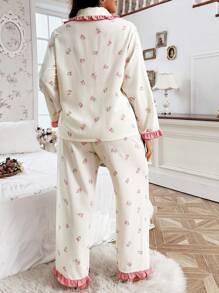 CottageSlumber Plus Size Contrast Color Ruffle Collar Floral Print Sleepwear Set - Pink - View 2
