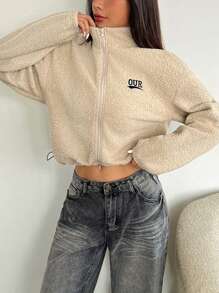 Flirla Women's Drop Shoulder Long Sleeve Teddy Fleece Jackets With Letter Embroidery, Autumn Winter