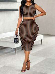 SHEIN Slayr 两件套女士休闲条纹撞色印花流苏下摆半身裙和露脐上衣 - 卡其色 - 查看 6