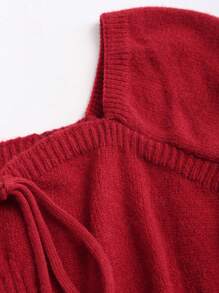 SHEIN Black Friday x Star Picks Sweetra 女士纯色心形领前系带插肩袖毛衣，秋冬季款 - 紅色 - 查看 4