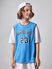 SHEIN Lässiges Sport T-Shirt mit Buchstaben-Muster und Mock Layer für Tween Jungen - Blau - Übersicht 7
