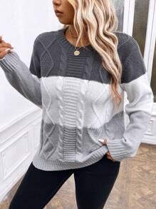 Suéter holgado casual de cuello redondo, manga larga y hombros caídos con bloques de color para mujeres de talla grande, otoño/invierno